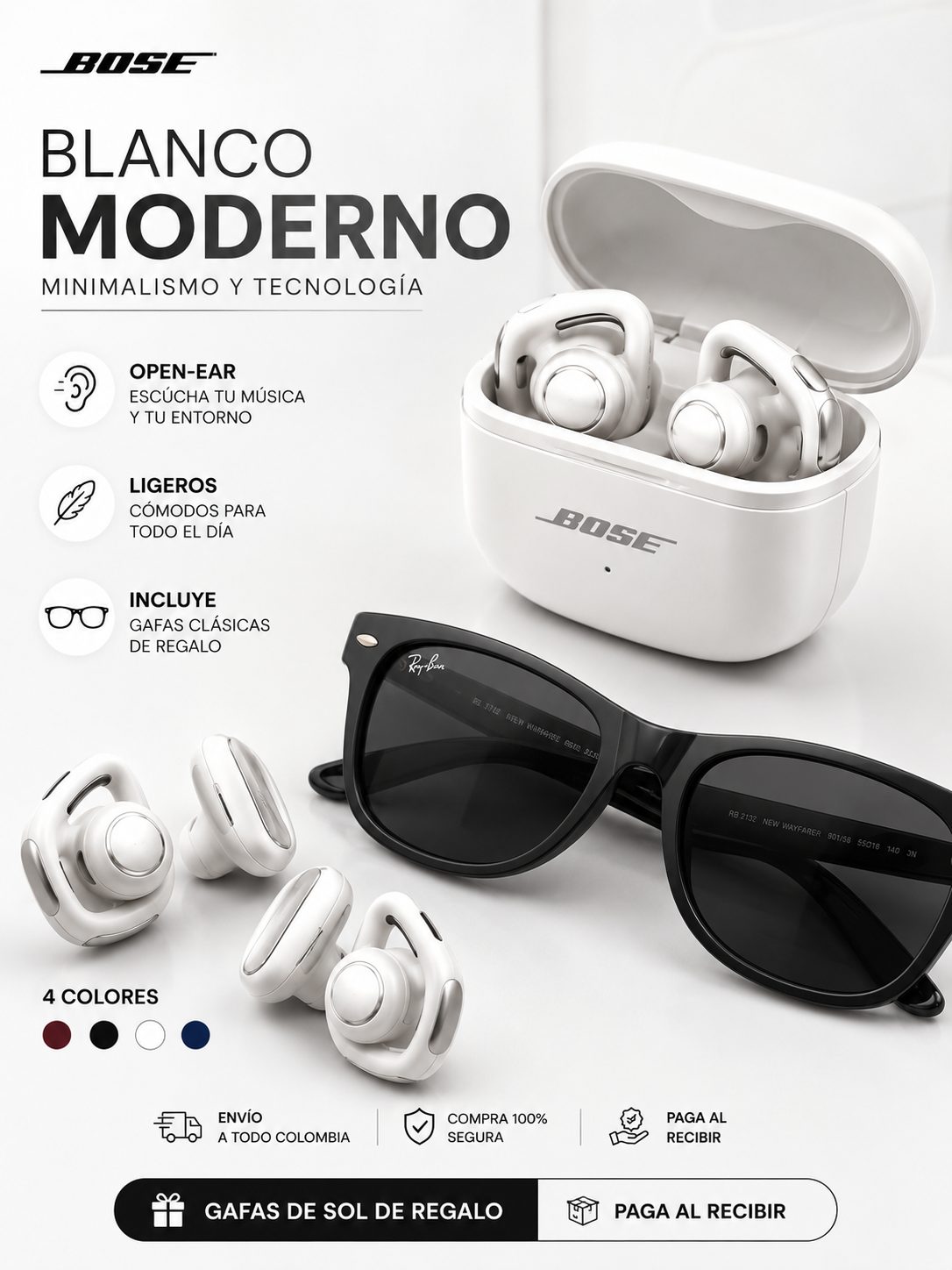 Audífonos Open-Ear Premium Blanco Moderno con Gafa UV400